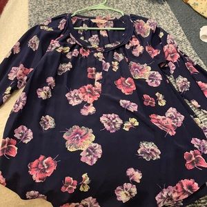 Rebecca Taylor Navy Floral Blouse with Pink & Purple Flowers